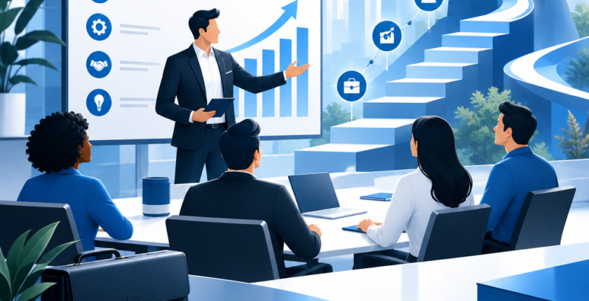 Manager engagé inspirant son équipe en entreprise